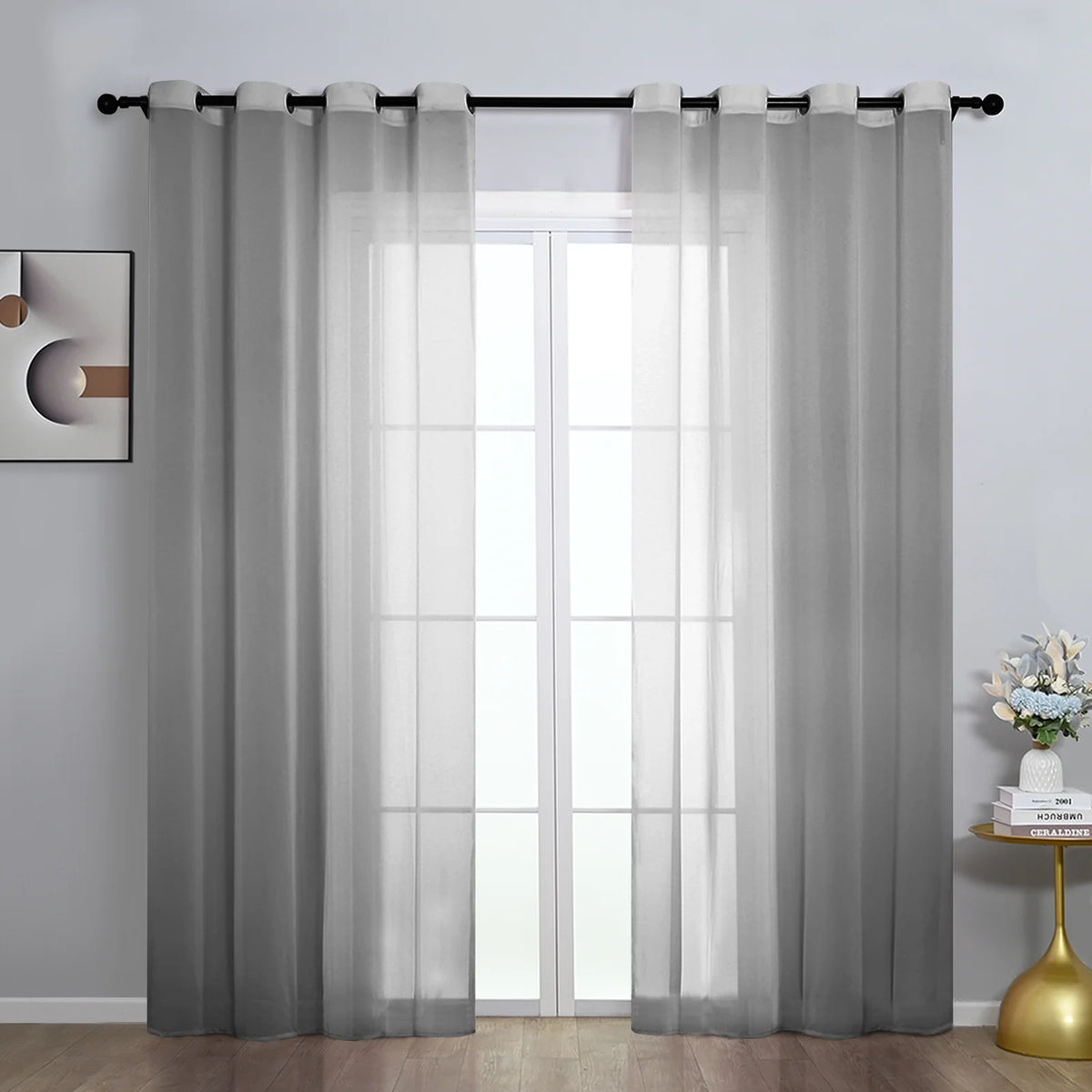 2PCS Solid Color Polyester Grommet Light Filtering Curtains I460