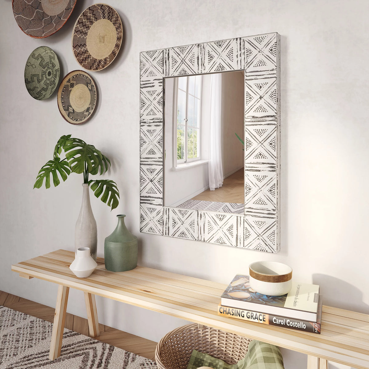 Distressed Metal Wall Mirror with Embossed Frame N360