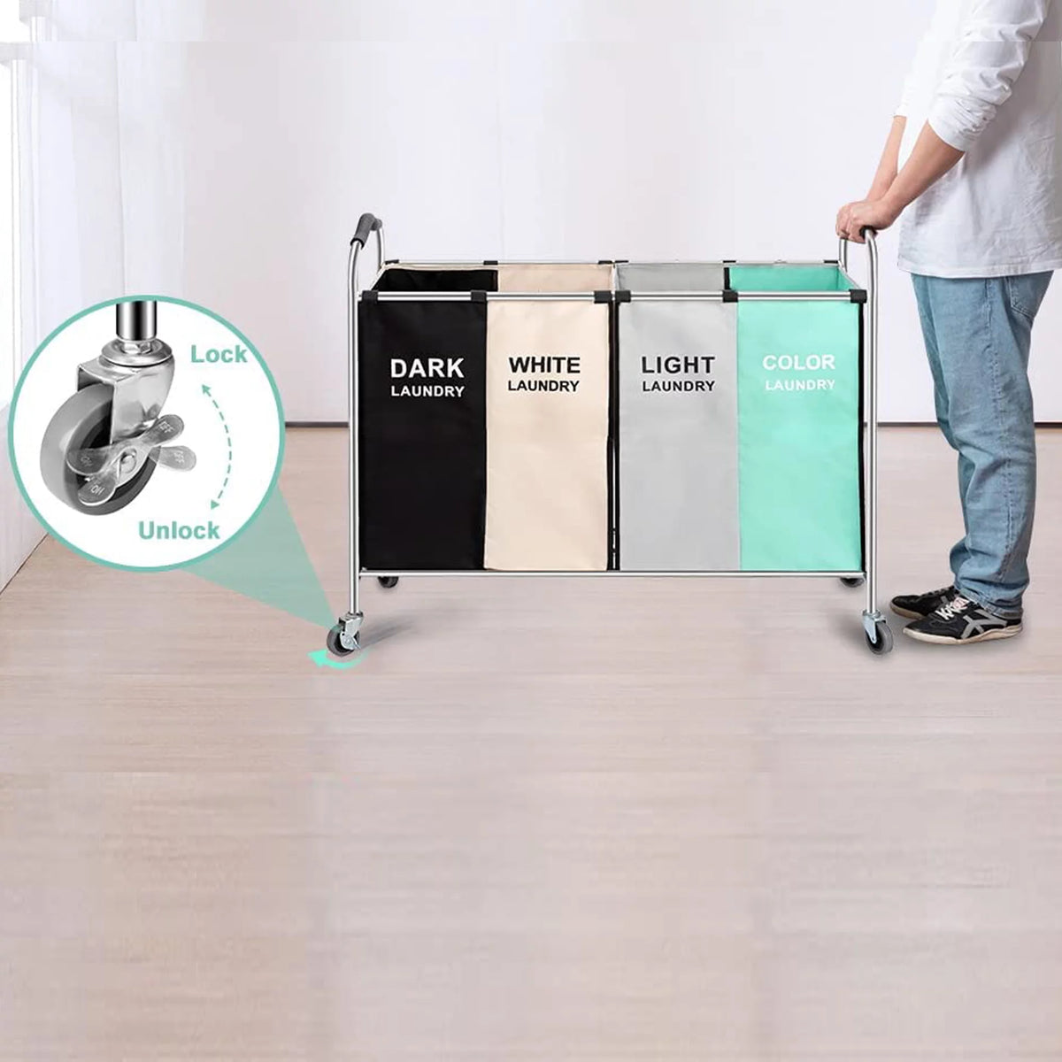 4 Section Laundry Cart with Wheels Z1612