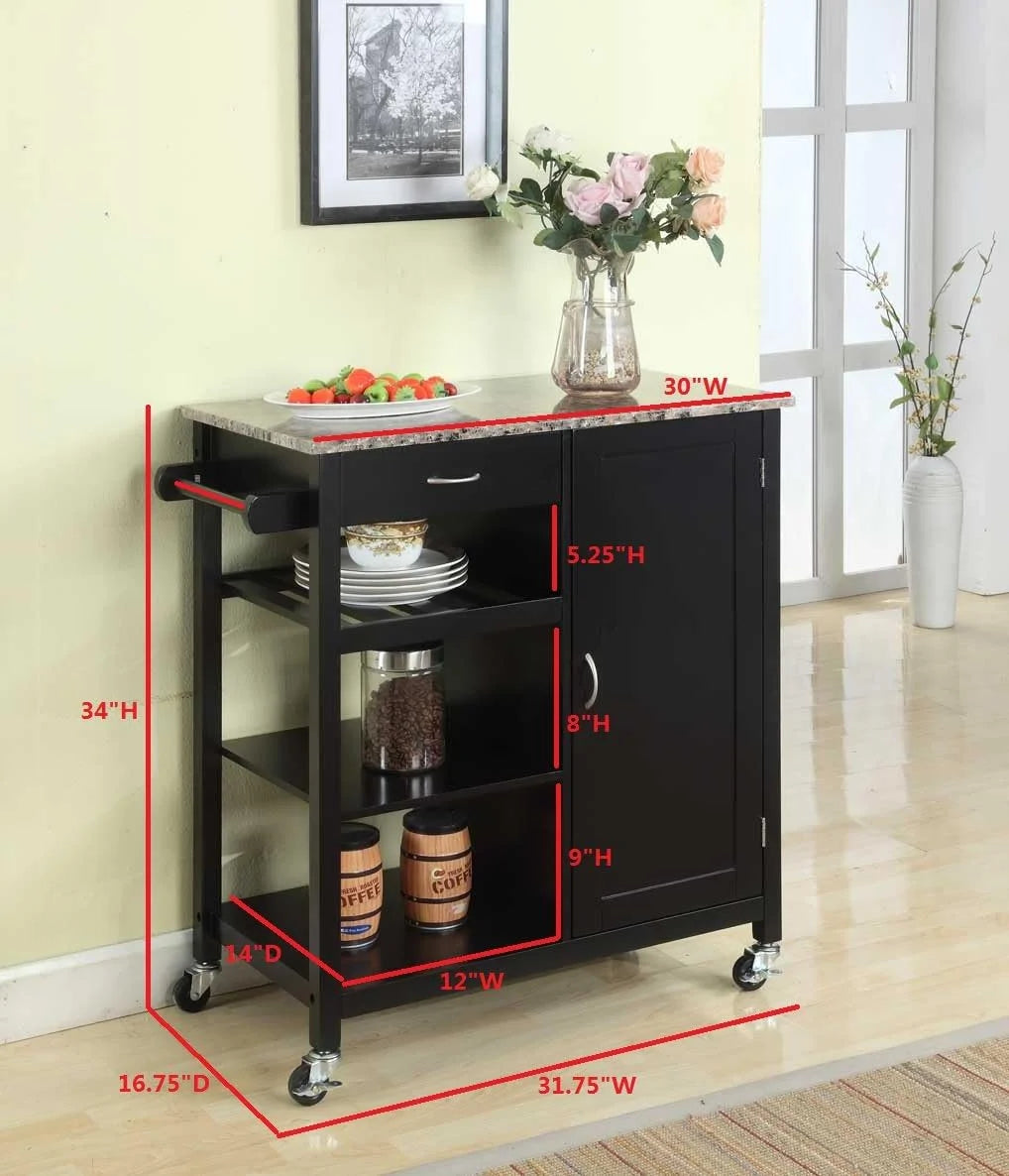 Black Wood & Marble Finish Kitchen Storage Cabinet Cart F7403