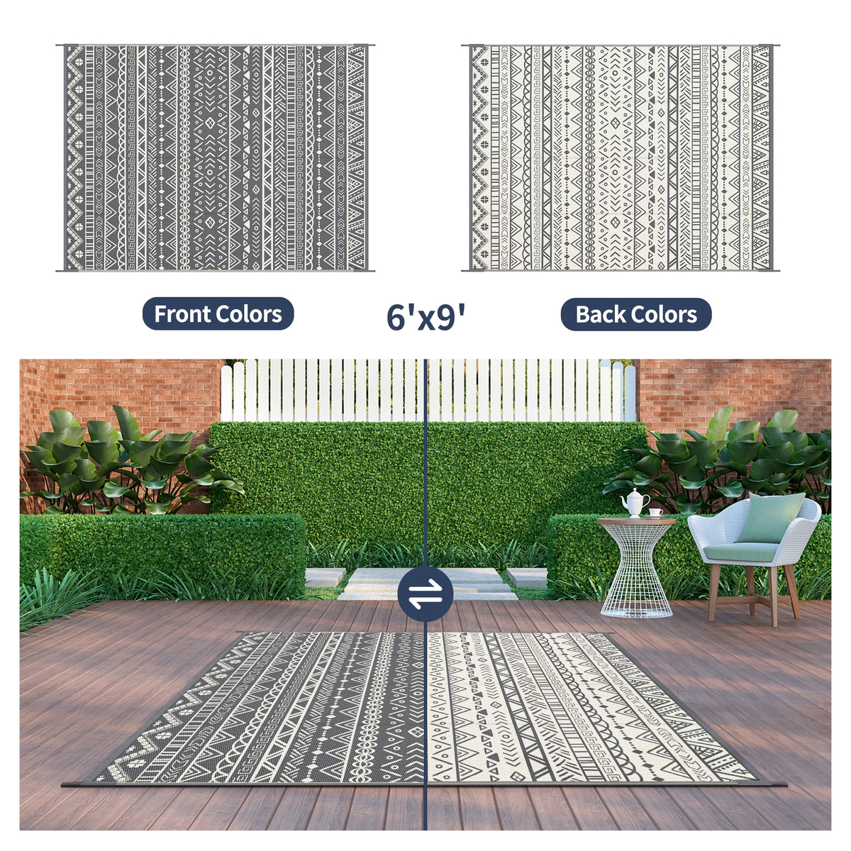 6x9ft Grey White Reversible Outdoor Rug Y385