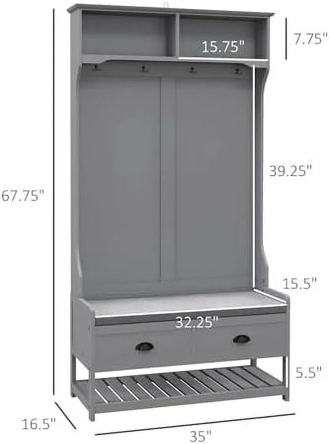 3-in-1 Hall Tree Entryway Bench with Coat Rack Shoe Rack 2 Drawers 4 Hooks Padded Seat Cushions Gray V3543
