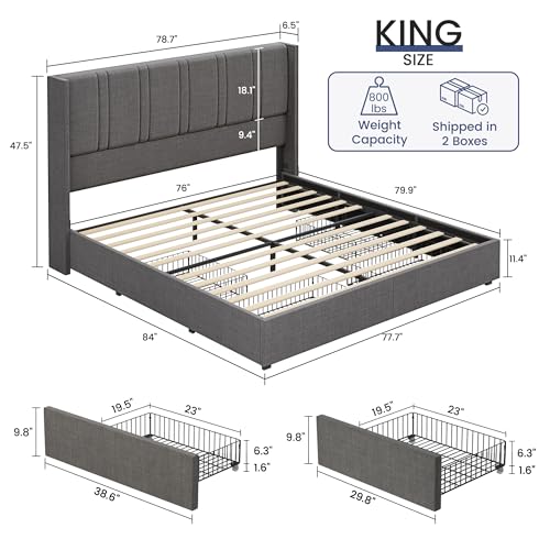 King Size Linen Upholstered Platform Bed Frame with 4 Storage Drawers U7402