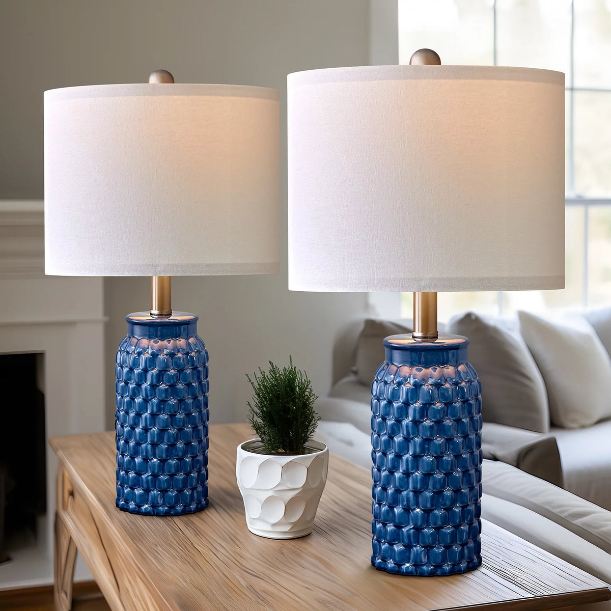 Modern Table Lamp Set of 2 Dark Blue Ceramic I5476