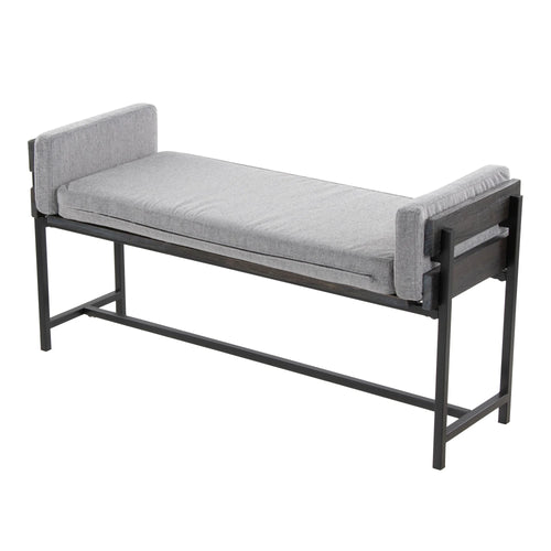 18" Farmhouse Bench with Black Metal, Grey Wood and Light Grey Fabric P59653