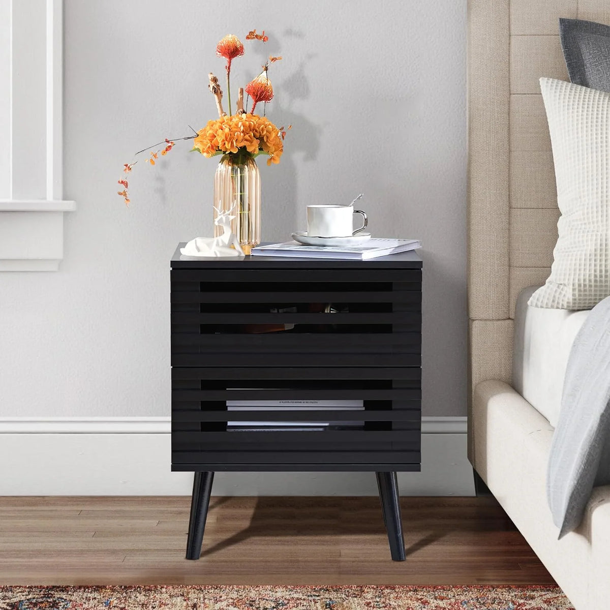 Black Nightstand Set of 2 with Storage Drawer O492449