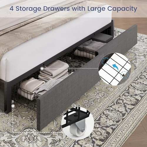 King Size Linen Upholstered Platform Bed Frame with 4 Storage Drawers U7402