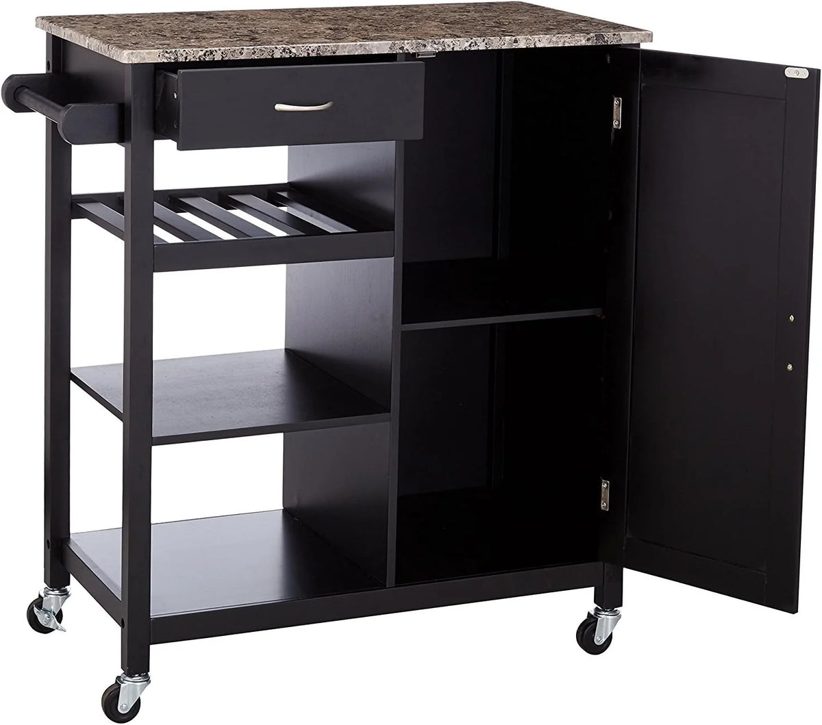 Black Wood & Marble Finish Kitchen Storage Cabinet Cart F7403