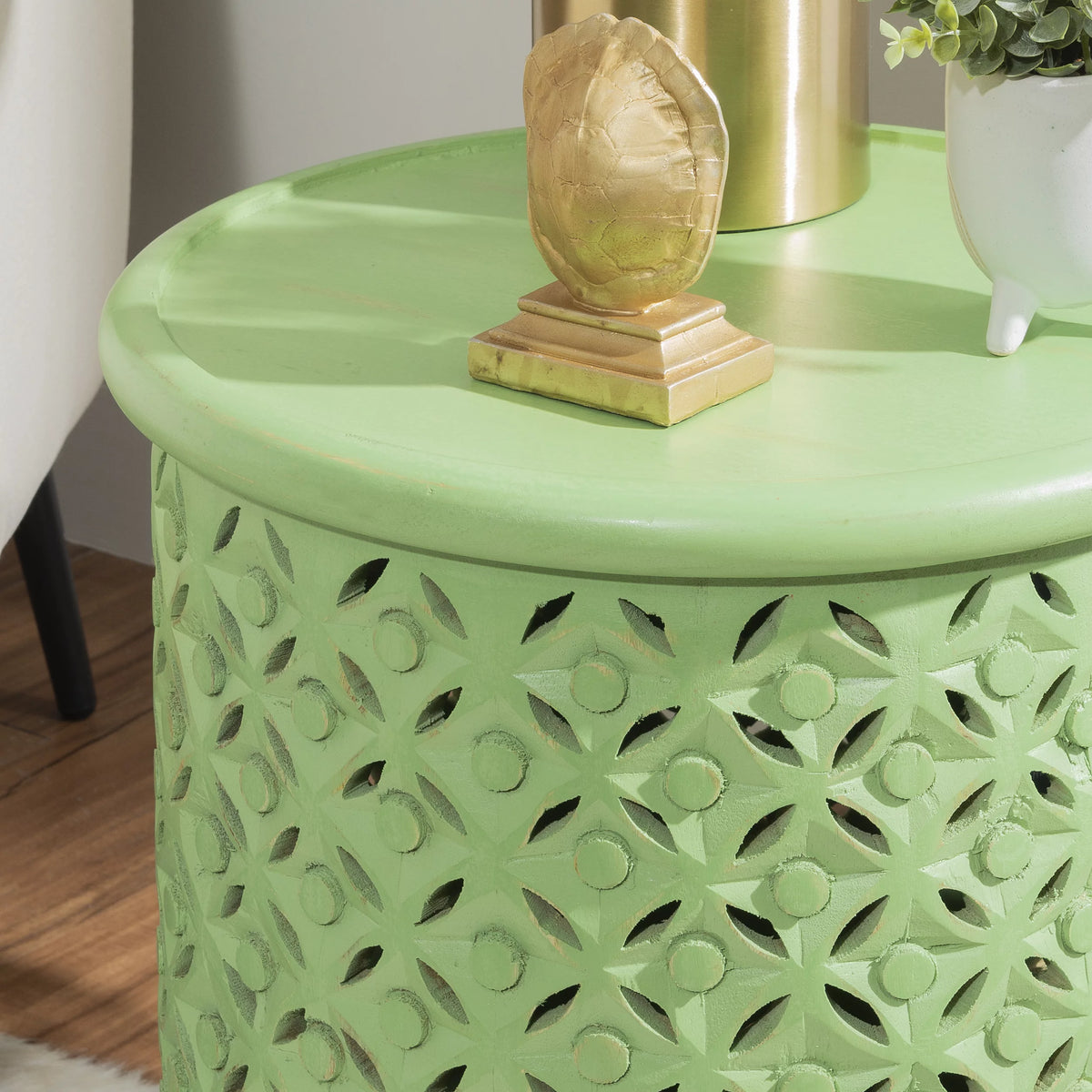 Green Carved Wood Round End Table F46855