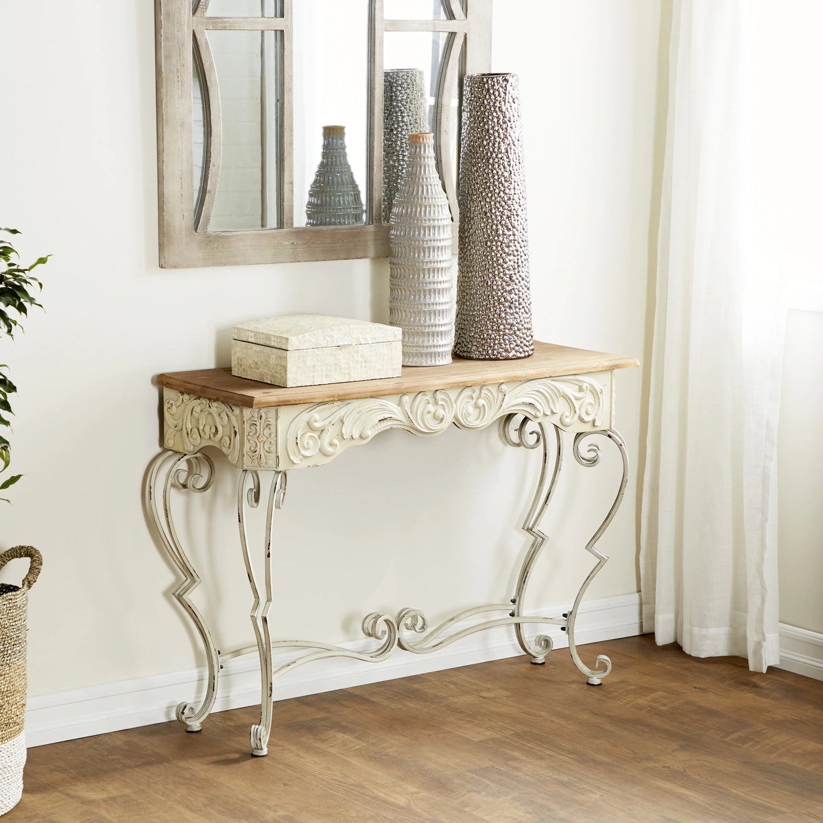 White Metal Console Table with Brown Wood Top J407459