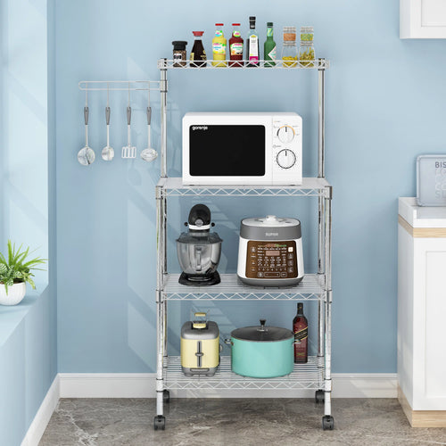 4-Tier Chrome Kitchen Storage Rack with Hanging Hooks Y140