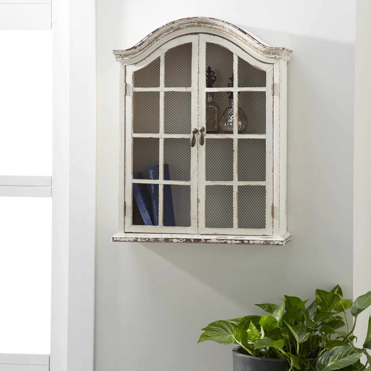 Vintage White Wood Wall Décor with Glass Doors and Shelving J982