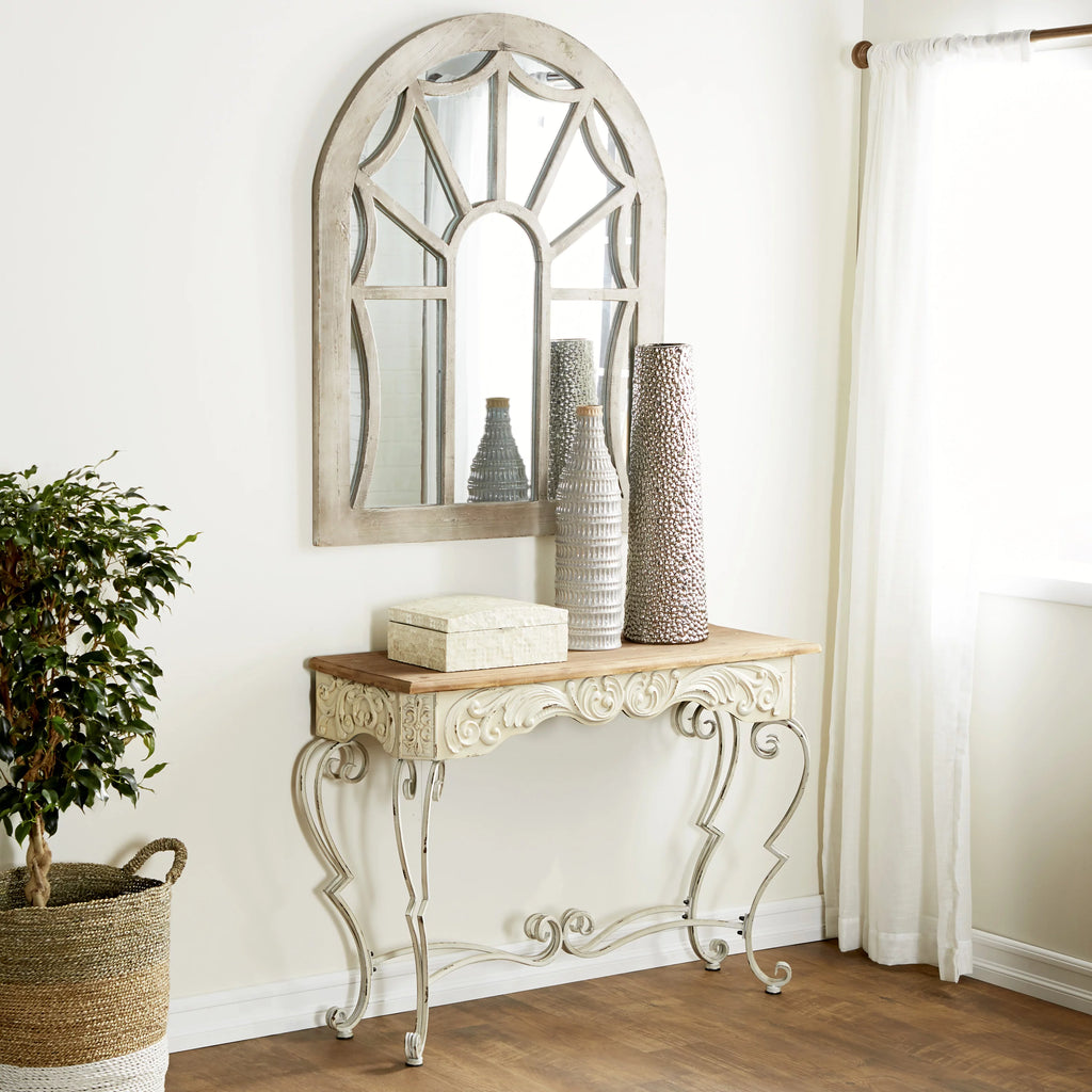 White Metal Console Table with Brown Wood Top J407459
